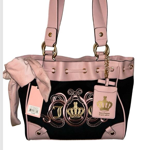 JUICY COUTURE EXCLUSIVE JUICY LOVERS CLUB BLING CROWN TOTE BLACK VELOUR & PINK - Picture 9 of 11